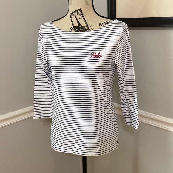 Polo Ralph Lauren Women’s Medium 3/4 Sleeve Blouse Top Shirt Striped Blue White - Picture 1 of 7